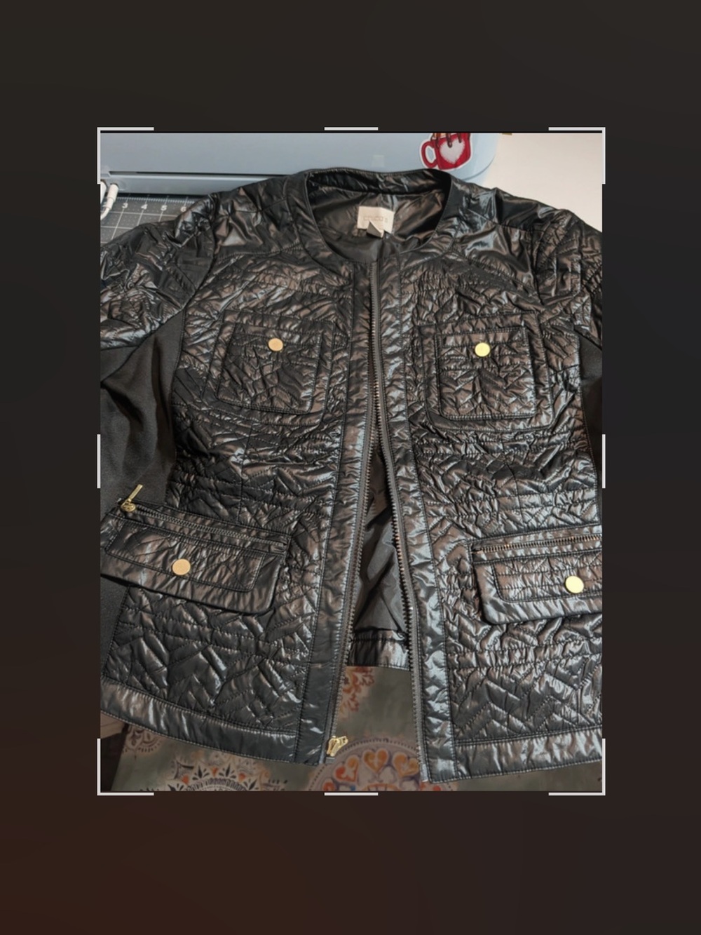 Chico's Black Quilted Jacket with Gold Buttons - Picture 3 of 9